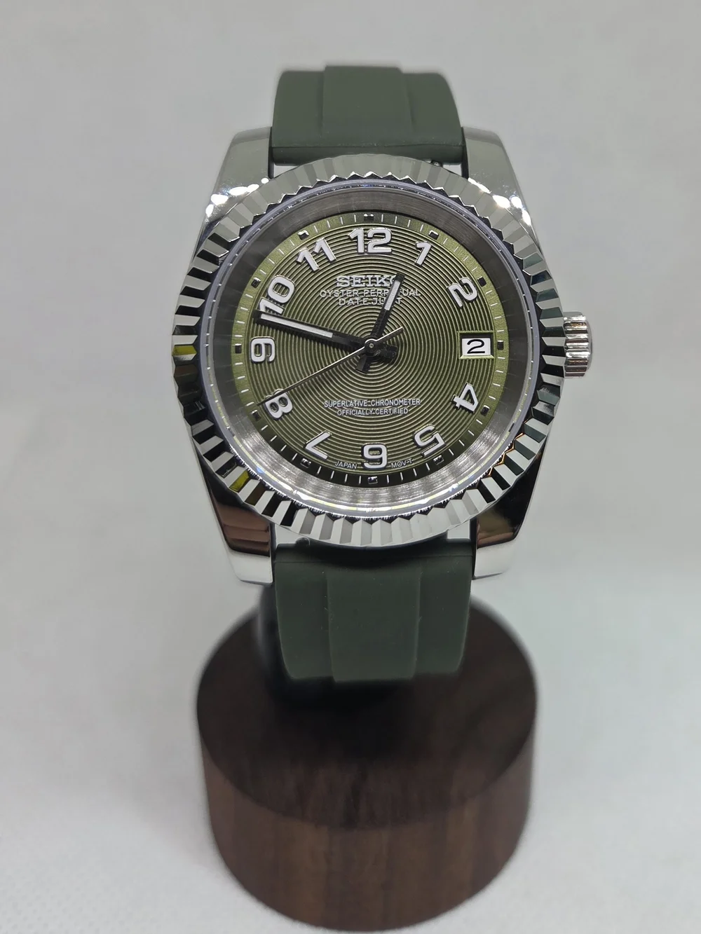 Custom 39mm Automatic Seiko Mod Watch Datejust with Olive Green Dial NH35